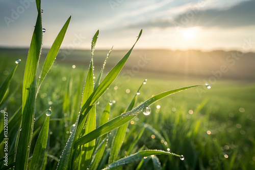 Obraz na płótnie Sunlight Glimmers on Dewy Grass Blades in a Serene Landscape with Soft Focus Background and Gentle Horizon at Dawn w salonie