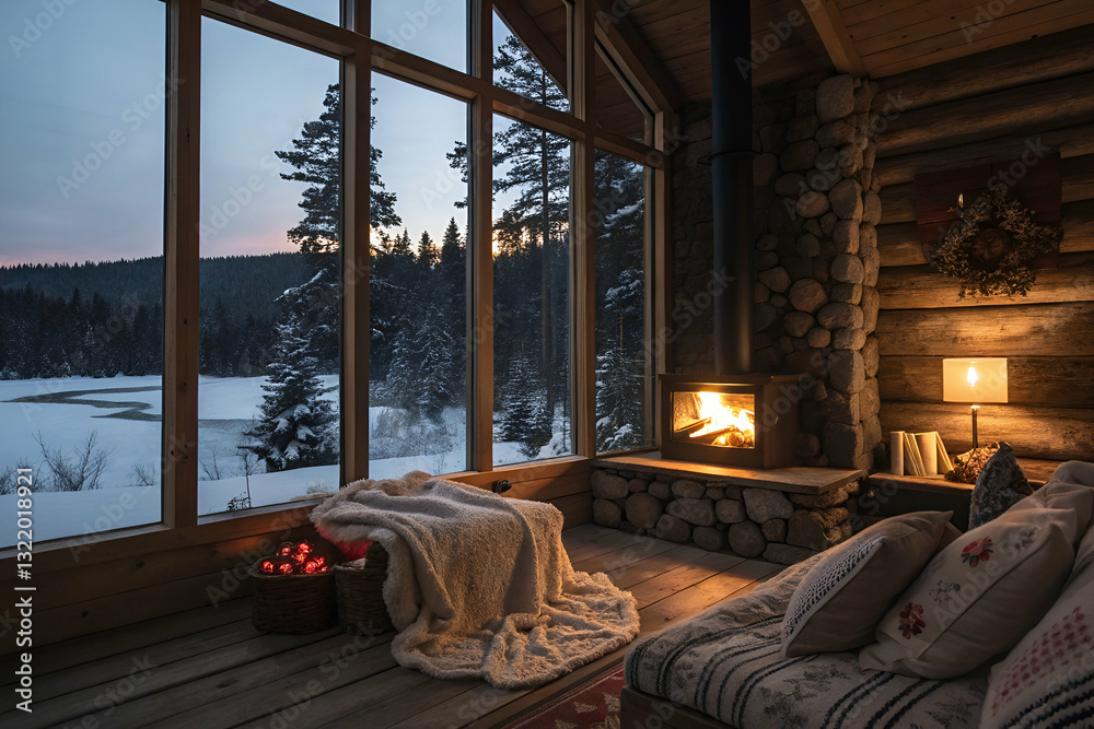 Cozy winter retreat with a fireplace, large windows showcasing snowy landscape, warm blankets, and a serene atmosphere capturing tranquility and comfort