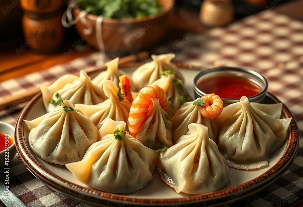 Assorted dumplings on a rustic table Assorted dumplings on a rustic table