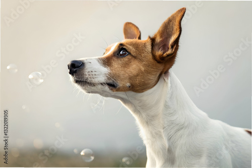Obraz na płótnie Curious dog gazes upward mesmerized by floating bubbles in a serene outdoor setting, showcasing a moment of playful innocence and joy w salonie