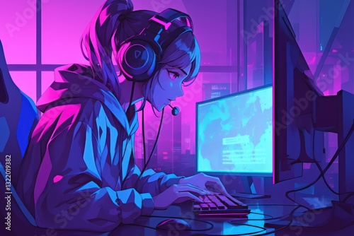 A young woman gaming with headphones in front of a computer