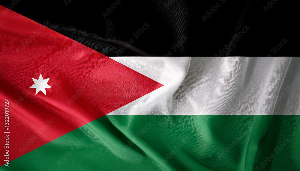 National flag of Jordan, silk fabric. Banner for celebrating Independence Day. National flag of Jordan, silk fabric. Banner for celebrating Independence Day.
