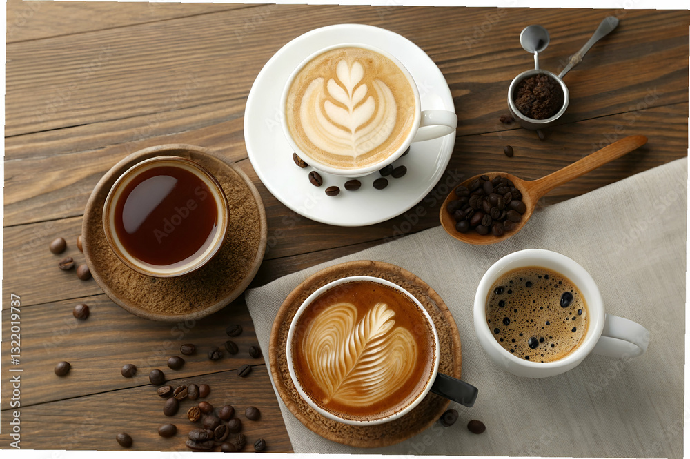 Artistic Display of Various Coffee Beverages on a Wooden Table with Coffee Beans and Utensils for a Warm Coffee Lovers Atmosphere