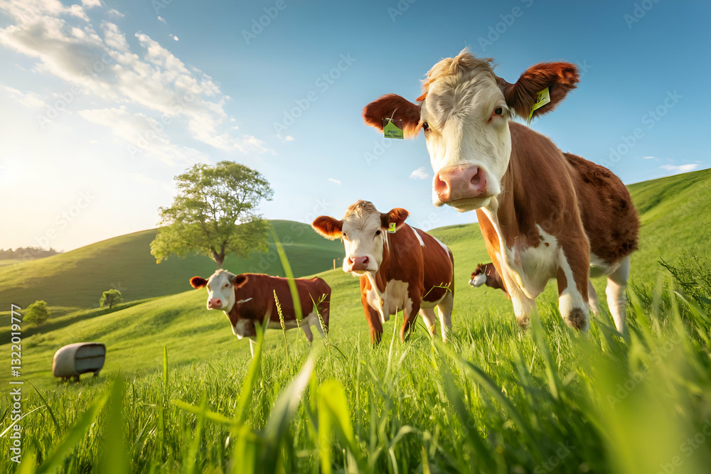 Playful Cows Grazing in Lush Green Field Under Clear Blue Sky with Gentle Hills in Background During Warm Sunny Day