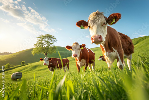 Obraz na płótnie Playful Cows Grazing in Lush Green Field Under Clear Blue Sky with Gentle Hills in Background During Warm Sunny Day w salonie