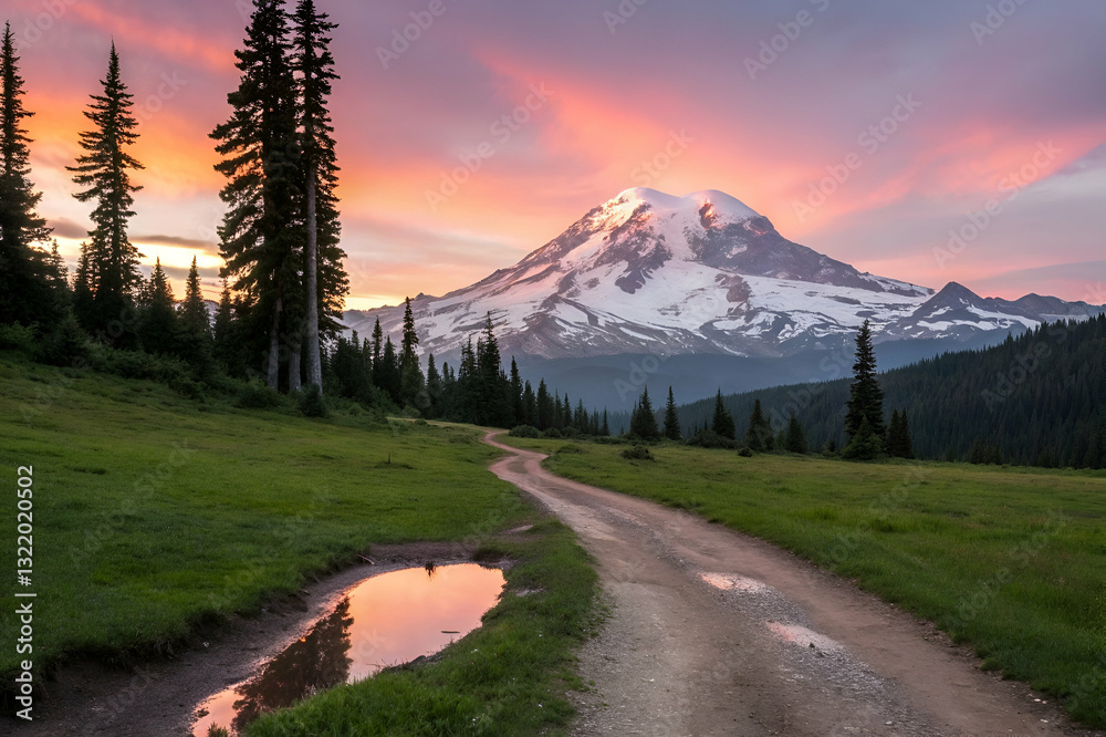 Majestic Sunrise Over Snow-Capped Mountain Peak with Foreground Trail and Reflection in Water Pool, Vibrant Colors in Sky, Nature Landscape Photography