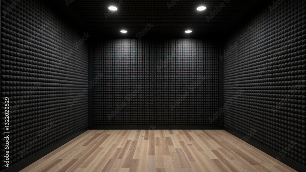 An interior view of a professional soundproofing studio with acoustic foam on the walls. An interior view of a professional soundproofing studio with acoustic foam on the walls.