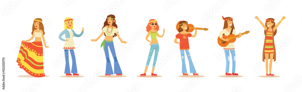 Fototapeta premium Woman Hippie Dressed In Classic Subculture Clothes Vector Set