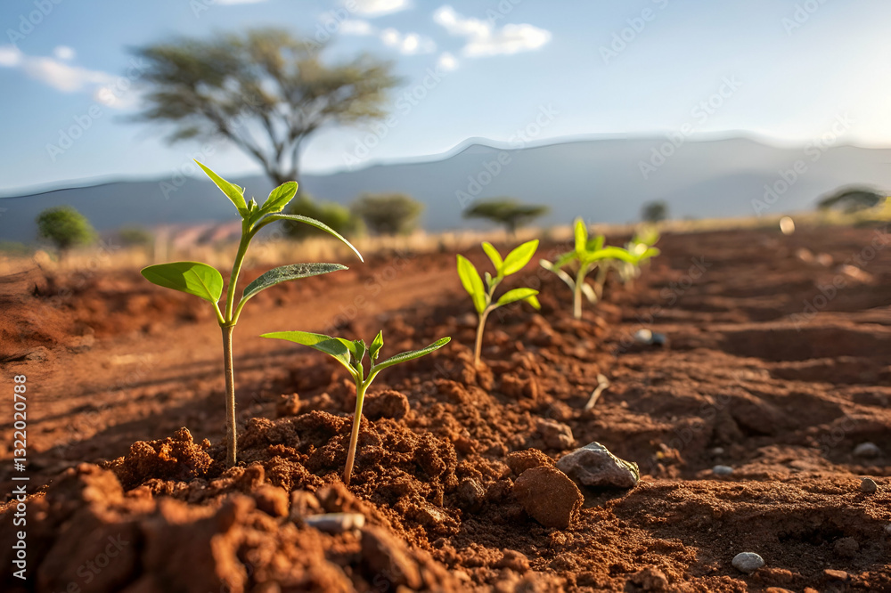 Fresh green seedlings emerging from rich brown soil under a clear blue sky, symbolizing growth and renewal in agricultural landscape