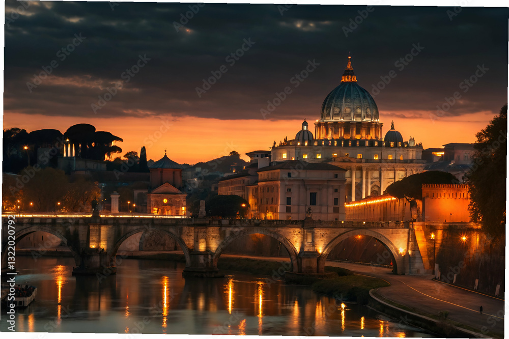 Stunning Sunset Over the Vatican City with Illuminated St. Peter's Basilica and River Reflections, Captured in a Serene Twilight Atmosphere
