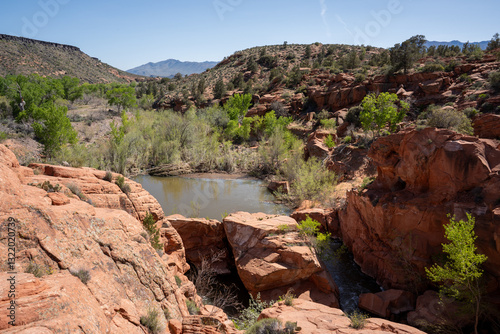 Gunlock Falls, Gunlock State Park, St. George, Utah, USA. Waterfalls, red rocks.	 photo
