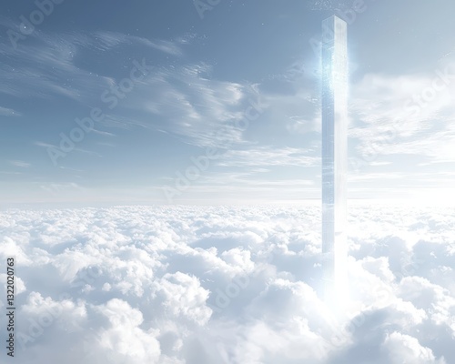 Futuristic Tower Emerging from Clouds in a Serene Sky Landscape