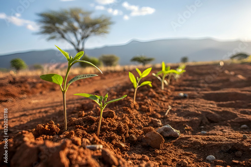 Obraz na płótnie Fresh green seedlings emerging from rich brown soil under a clear blue sky, symbolizing growth and renewal in agricultural landscape w salonie
