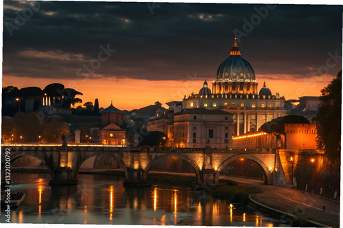 Obraz na płótnie Stunning Sunset Over the Vatican City with Illuminated St. Peter's Basilica and River Reflections, Captured in a Serene Twilight Atmosphere w salonie