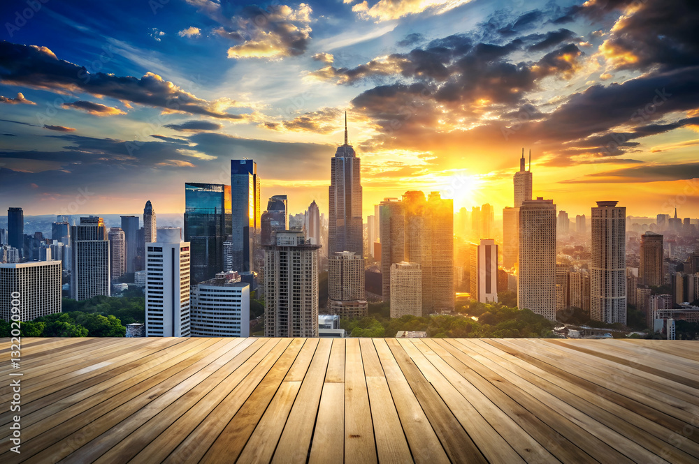 Stunning Sunset Over Skyscrapers in Urban Landscape with Bright Sunlight and Cloudy Sky, Ideal for Business and Travel Themes
