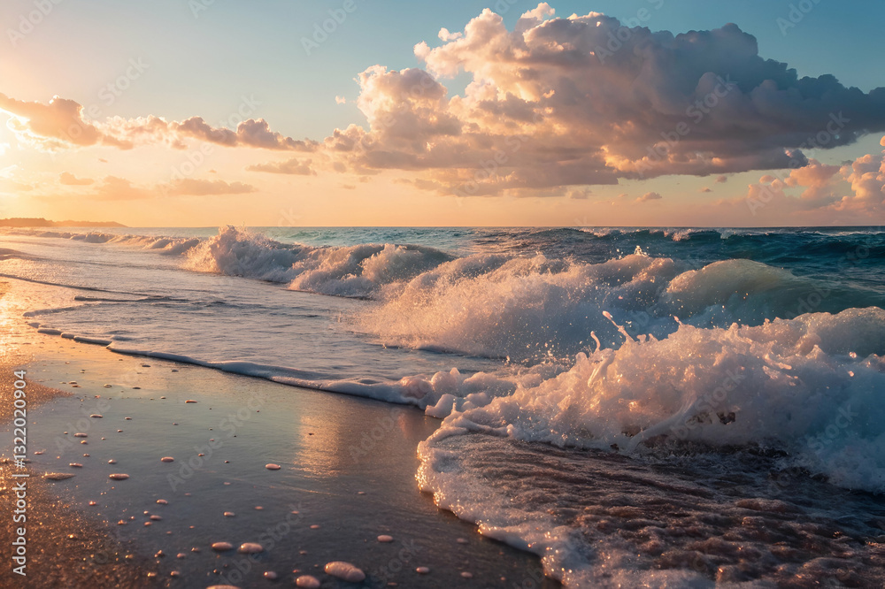 Tranquil Ocean Waves at Sunset with Golden Light Reflecting on Serene Shoreline and Dramatic Clouds in the Vibrant Sky