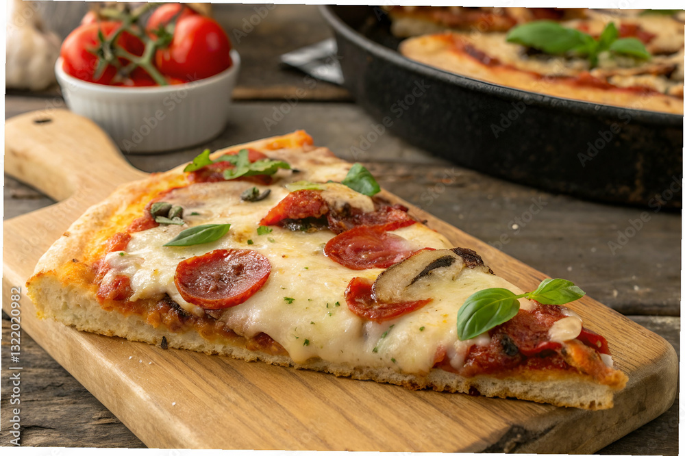 Delicious slice of pepperoni and mushroom pizza with mozzarella cheese and fresh basil on a wooden board, rustic kitchen setting, ready to eat Delicious slice of pepperoni and mushroom pizza with mozzarella cheese and fresh basil on a wooden board, rustic kitchen setting, ready to eat