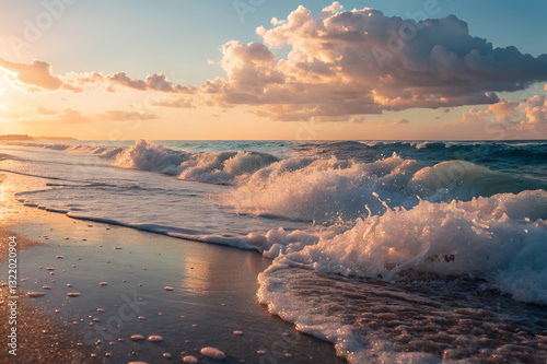 Obraz na płótnie Tranquil Ocean Waves at Sunset with Golden Light Reflecting on Serene Shoreline and Dramatic Clouds in the Vibrant Sky w salonie