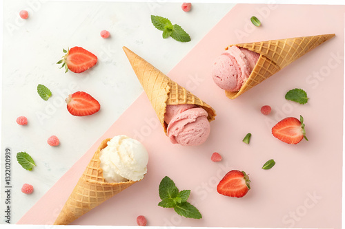 Delicious Ice Cream Cones with Strawberry and Raspberry Garnish on a Light Pink and White Background, Perfect for Summer Treats and Desserts