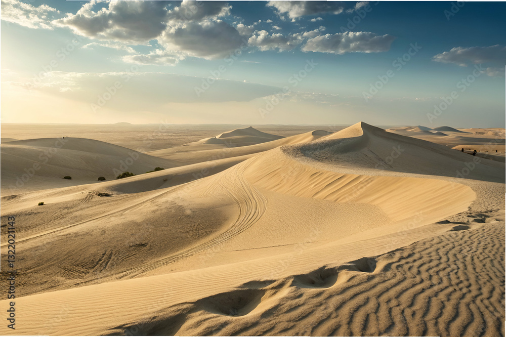 Expansive Desert Landscape with Sand Dunes Under a Bright Sky, Natural Elements, Beautiful Horizon, Tranquil Environment, Sunlit Terrain