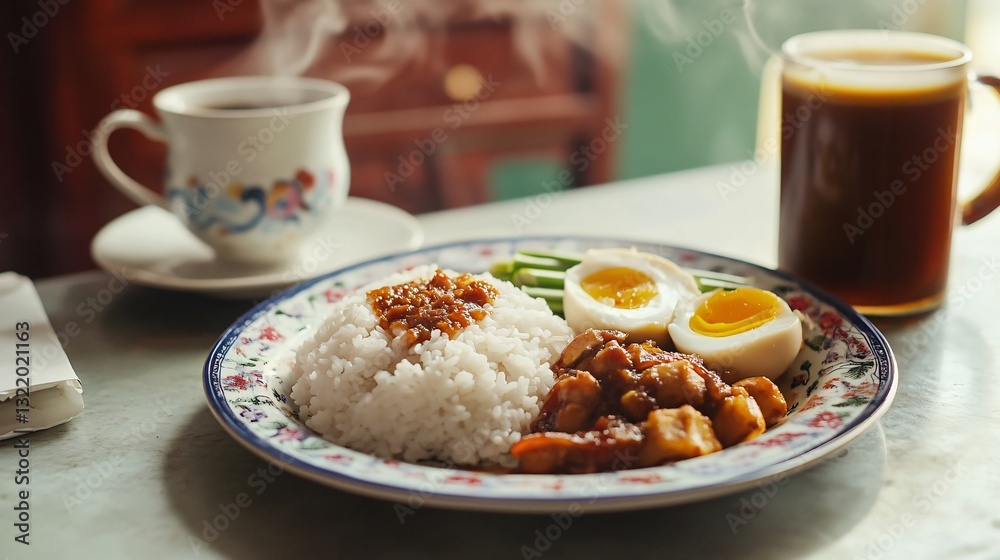 A nostalgic Malaysian kitchen scene, featuring a plate of nasi lemak placed on a vintage floral plate with a steaming cup of teh tarik nearby A nostalgic Malaysian kitchen scene, featuring a plate of nasi lemak placed on a vintage floral plate with a steaming cup of teh tarik nearby
