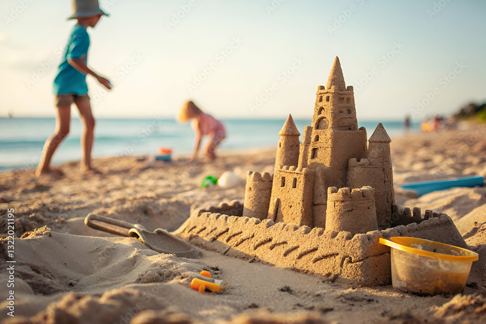 Beautiful Sand Castle on Beach with Children Playing and Sunlight Reflecting on Water, Perfect Summer Family Activity, Joyful Moments Captured