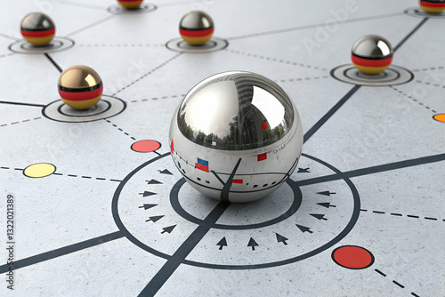 Abstract representation of a global connection network with shiny spheres, representing different nations and areas of influence on a textured surface