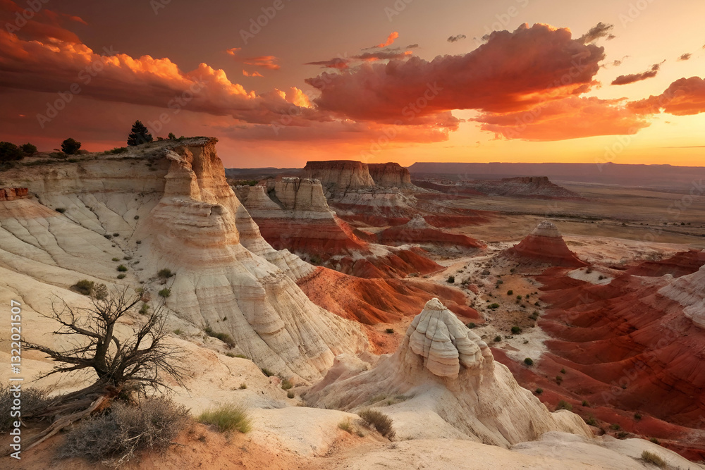 Stunning Sunset Over Unique Geological Formations in a Remote Desert Landscape with Vibrant Colors and Dynamic Cloud Patterns