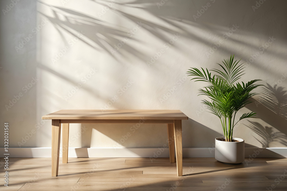 Bright Minimalist Interior with Wooden Table, Sunlight Shadows, Green Plant, and Warm Wooden Floor Design for Home or Office Aesthetic