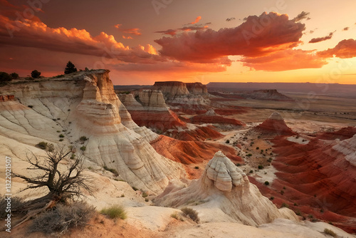Obraz na płótnie Stunning Sunset Over Unique Geological Formations in a Remote Desert Landscape with Vibrant Colors and Dynamic Cloud Patterns w salonie