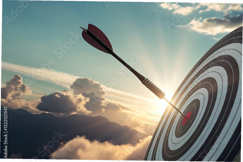 Arrow Hitting Center of Dartboard with Clouds and Sunlight in Background Symbolizing Success, Goals, and Achievement in Outdoor Setting