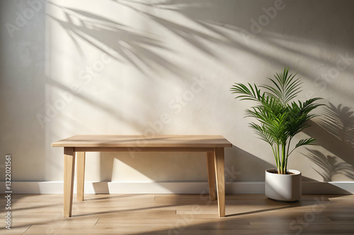 Obraz na płótnie Bright Minimalist Interior with Wooden Table, Sunlight Shadows, Green Plant, and Warm Wooden Floor Design for Home or Office Aesthetic w salonie