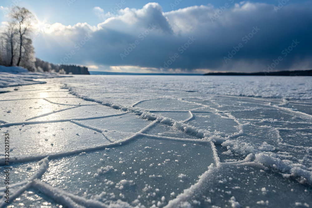 Ice Surface and Cracked Frozen Lake Under Dramatic Cloudy Sky with Sun Rays Breaking Through for Nature and Landscape Photography