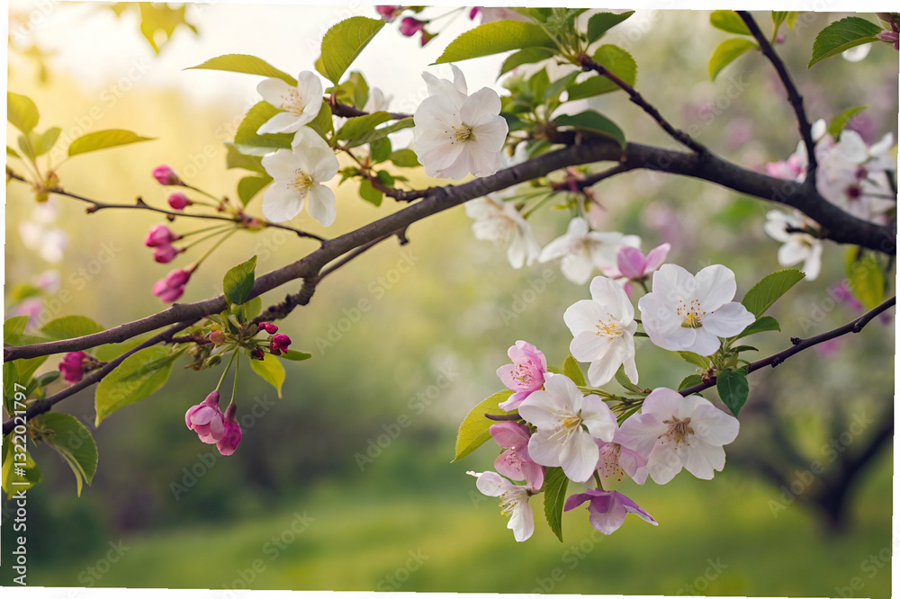 Blooming Cherry Blossom Branches with White and Pink Flowers Against a Soft Green Background in the Late Afternoon Sunlight
