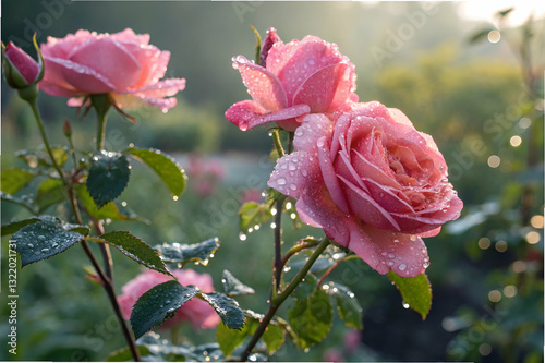 Delicate Pink Roses Bejeweled with Morning Dew in a Vibrant Garden Setting Bathed in Soft Light Creating a Serene and Refreshing Atmosphere