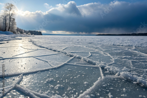 Obraz na płótnie Ice Surface and Cracked Frozen Lake Under Dramatic Cloudy Sky with Sun Rays Breaking Through for Nature and Landscape Photography w salonie