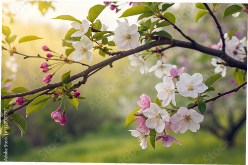 Blooming Cherry Blossom Branches with White and Pink Flowers Against a Soft Green Background in the Late Afternoon Sunlight