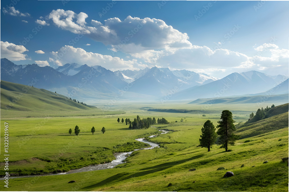 Majestic mountain landscape with green valley, winding river, and blue sky showcasing nature's beauty in a serene and peaceful setting