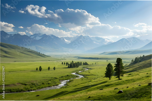 Obraz na płótnie Majestic mountain landscape with green valley, winding river, and blue sky showcasing nature's beauty in a serene and peaceful setting w salonie