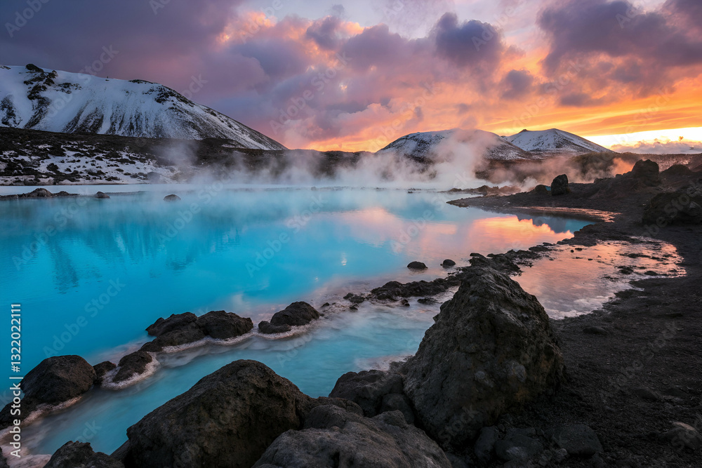 Stunning Geothermal Hot Springs with Brilliant Turquoise Water and Majestic Mountains Under Vibrant Sunset Sky in Icelandic Landscape
