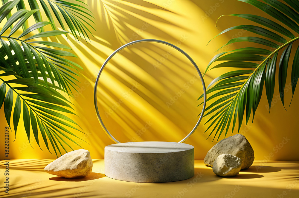 Modern Minimalist Display with Circular Frame, Rocks, and Tropical Leaves on Yellow Background for Creative Product Presentation