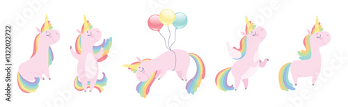 Funny Pink Unicorn Mythological and Magical Creature Vector Set