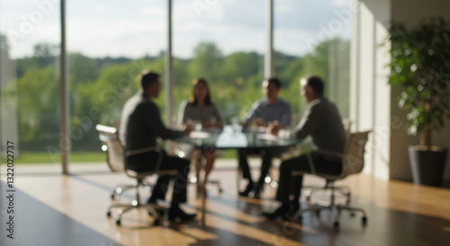 Meeting Blur: Business Team Collaboration in Modern Office with Green View & Natural Light - Concept for Teamwork, Strategy & Success!
