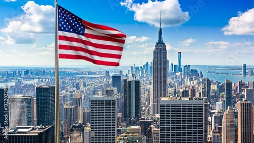 City skyline featuring the American flag and iconic buildings of New York in a sunny sky