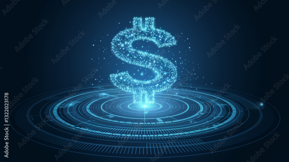 Blue glowing dollar sign composed of particles, situated above a circular technological background, showcasing digital finance or cryptocurrency concept Blue glowing dollar sign composed of particles, situated above a circular technological background, showcasing digital finance or cryptocurrency concept