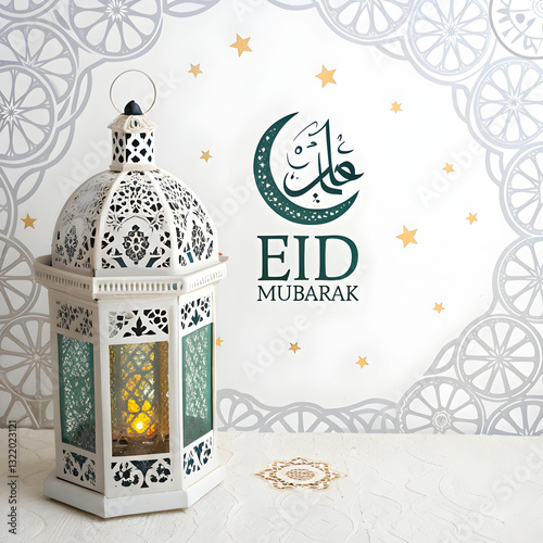 A poster islamic eid mubarak with arabic calligraphy mandala and lantern paper effect retro style photo