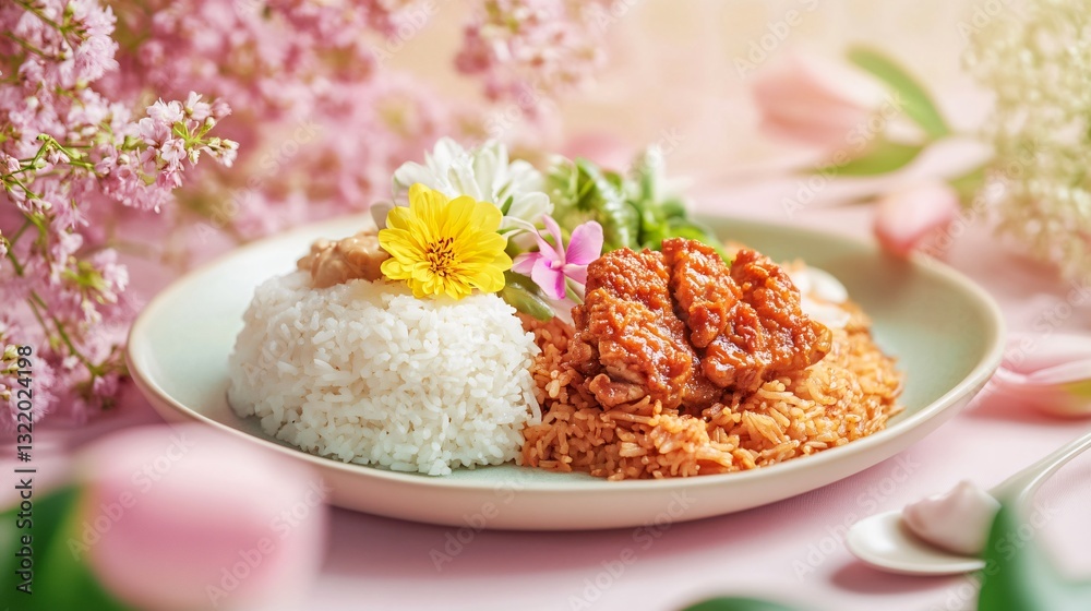 Spring-inspired nasi lemak, plated with edible flower garnishes, set against a soft pastel floral background Spring-inspired nasi lemak, plated with edible flower garnishes, set against a soft pastel floral background