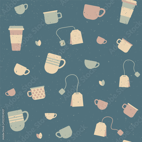 Seamless pattern with cups and tea bags, beige brown color, tea ceremony theme, cafe flat simple illustration