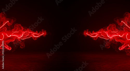 A gloomy background with red neon smoke spreading on both sides. Neon fairytale smoke moves on black background. Panoramic view of the abstract fog