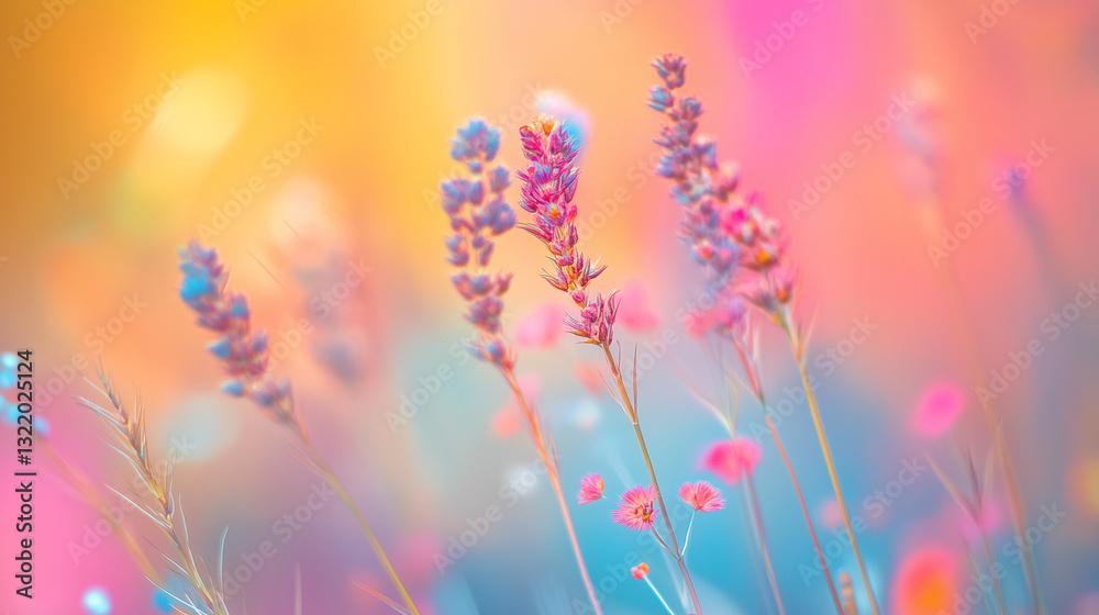 Fototapeta premium A beautiful spring flower meadow. Magical nature background blossom. Perfect for cosmetics, spa, perfume, beauty salon, florist shop, health care product, homeopathy, aromatherapy